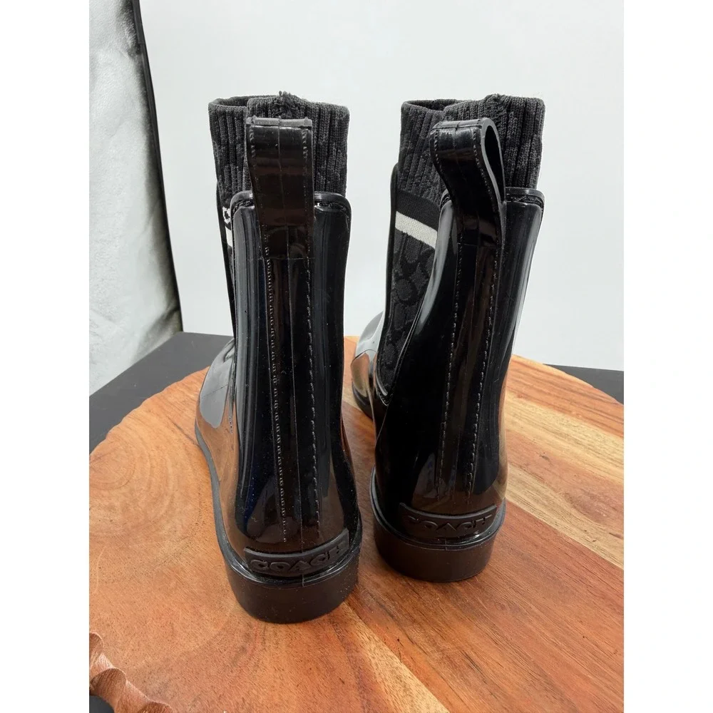 Coach Rivington Rain Boot Women 6 Black Signature Knit Sock Ankle Waterproof